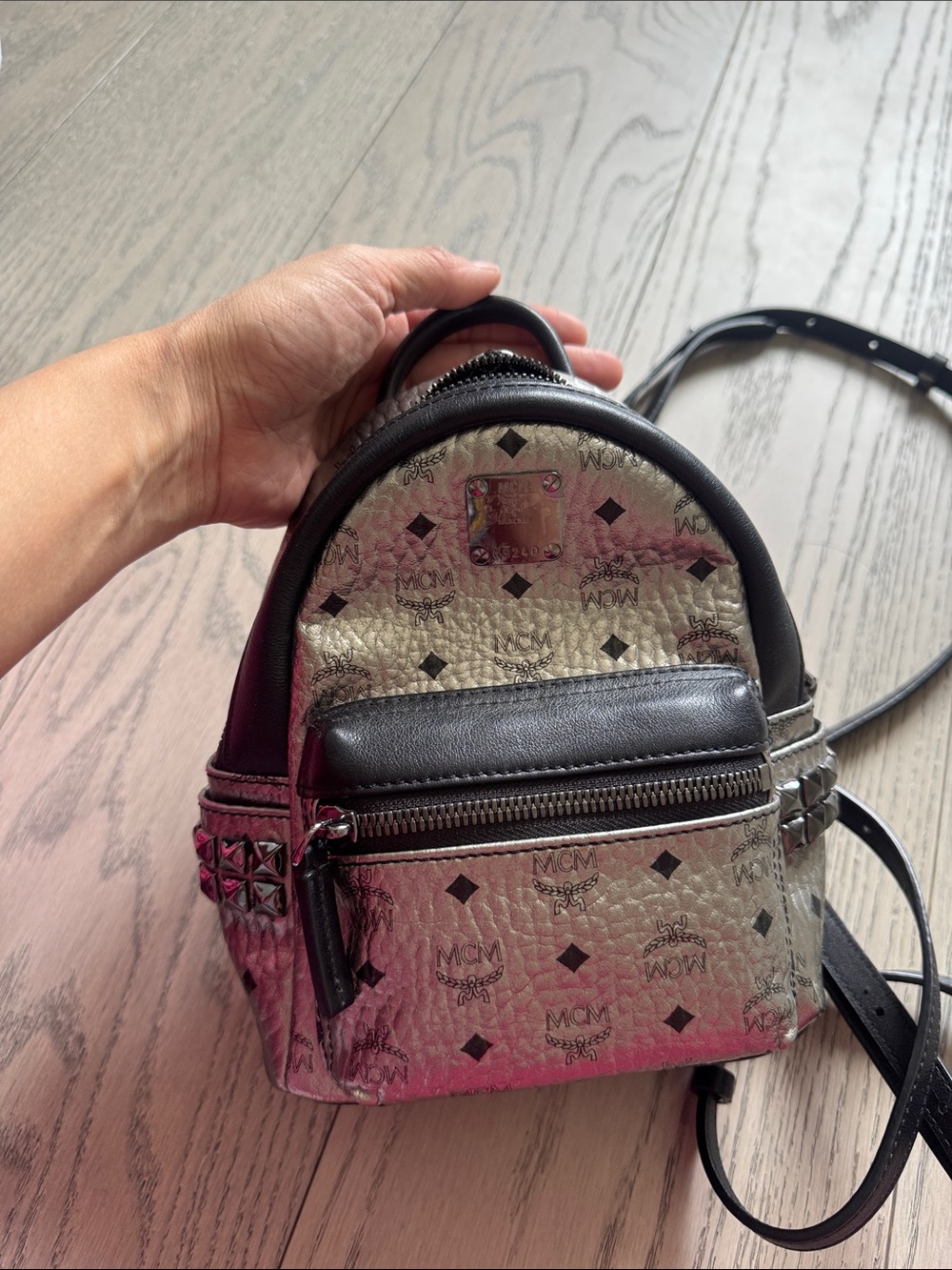 MCM Metallic Silver Mini Backpack with Black Trim